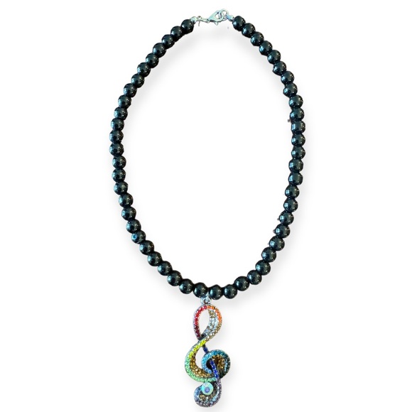 Rainbow Treble Clef, Music Pendant Charm Faux Black Pearl Beaded Necklace - Picture 8 of 9